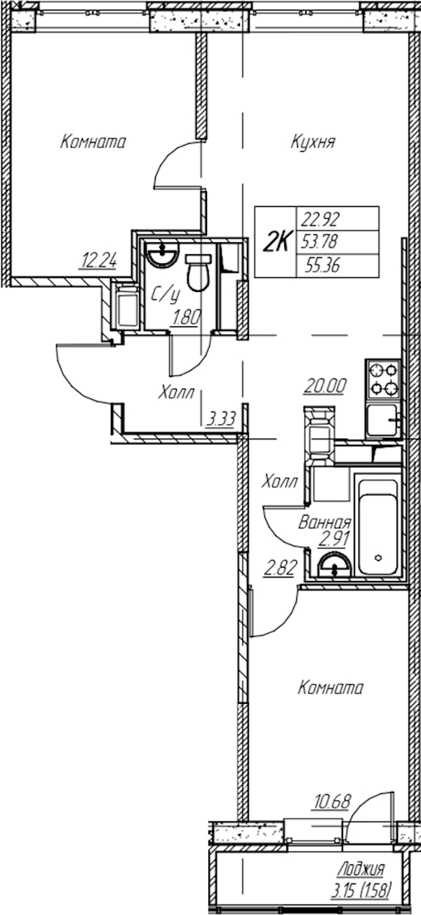 2-комнатная квартира 55.36 м², 7/22 эт., ЖК «Парк-квартал Юнтолово»